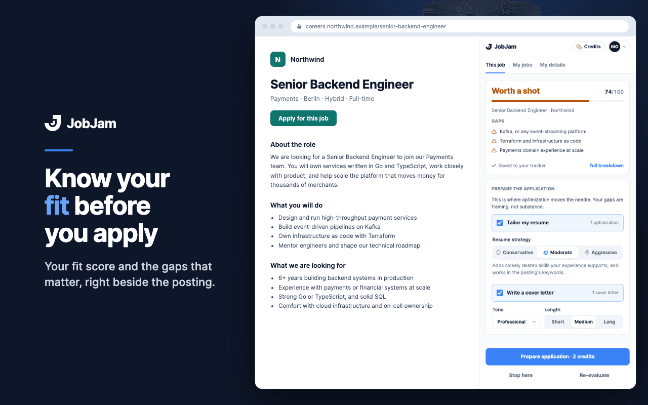 The JobJam side panel showing a fit score next to a job posting
